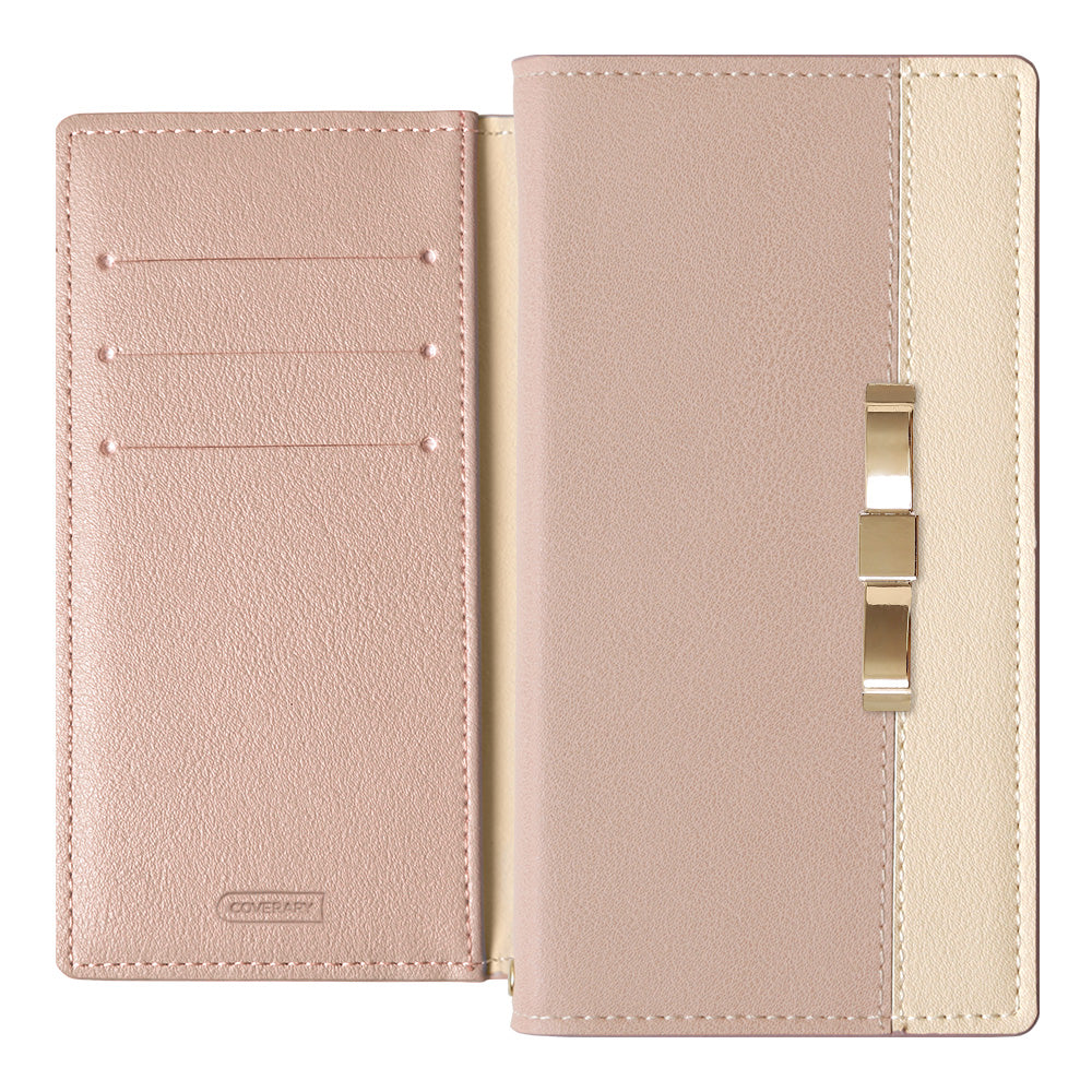 ヴィーガンレザー 表バイカラー ゴールドリボンデコ スタンド機能 手帳型ケース