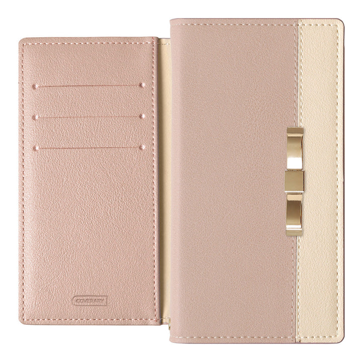 ヴィーガンレザー 表バイカラー ゴールドリボンデコ スタンド機能 手帳型ケース