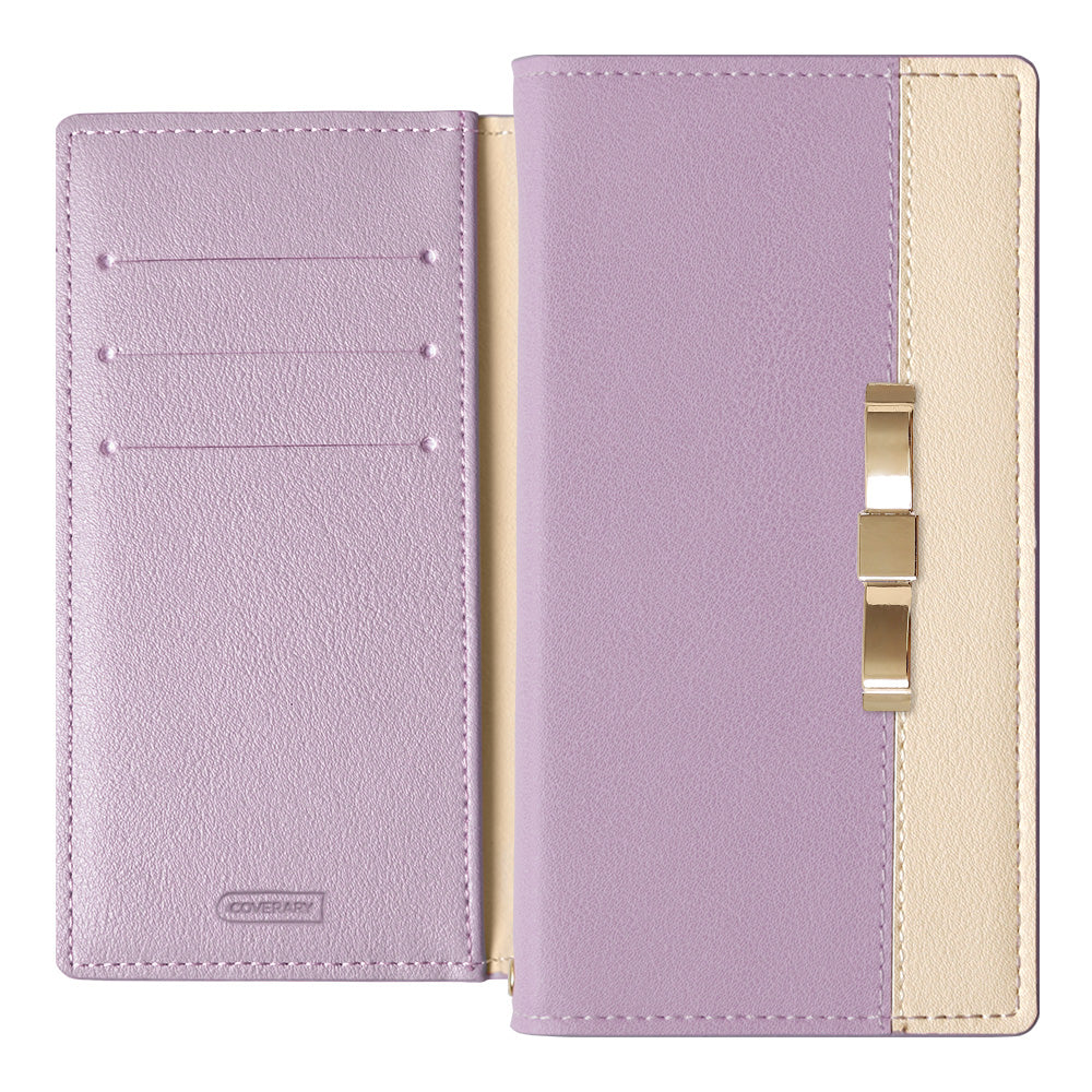 ヴィーガンレザー 表バイカラー ゴールドリボンデコ スタンド機能 手帳型ケース