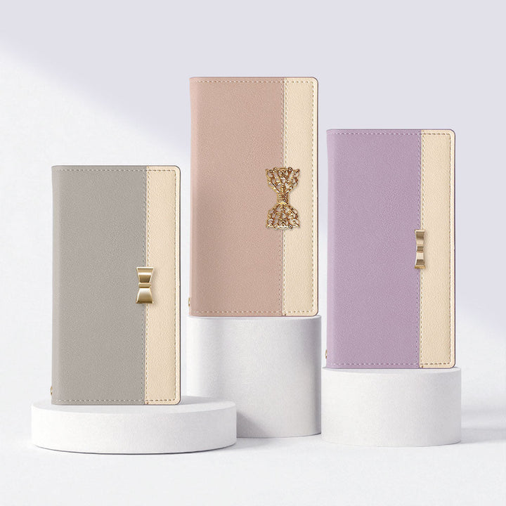 ヴィーガンレザー 表バイカラー ゴールドリボンデコ スタンド機能 手帳型ケース