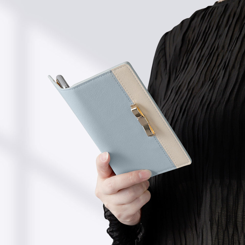 ヴィーガンレザー 表バイカラー ゴールドリボンデコ スタンド機能 手帳型ケース