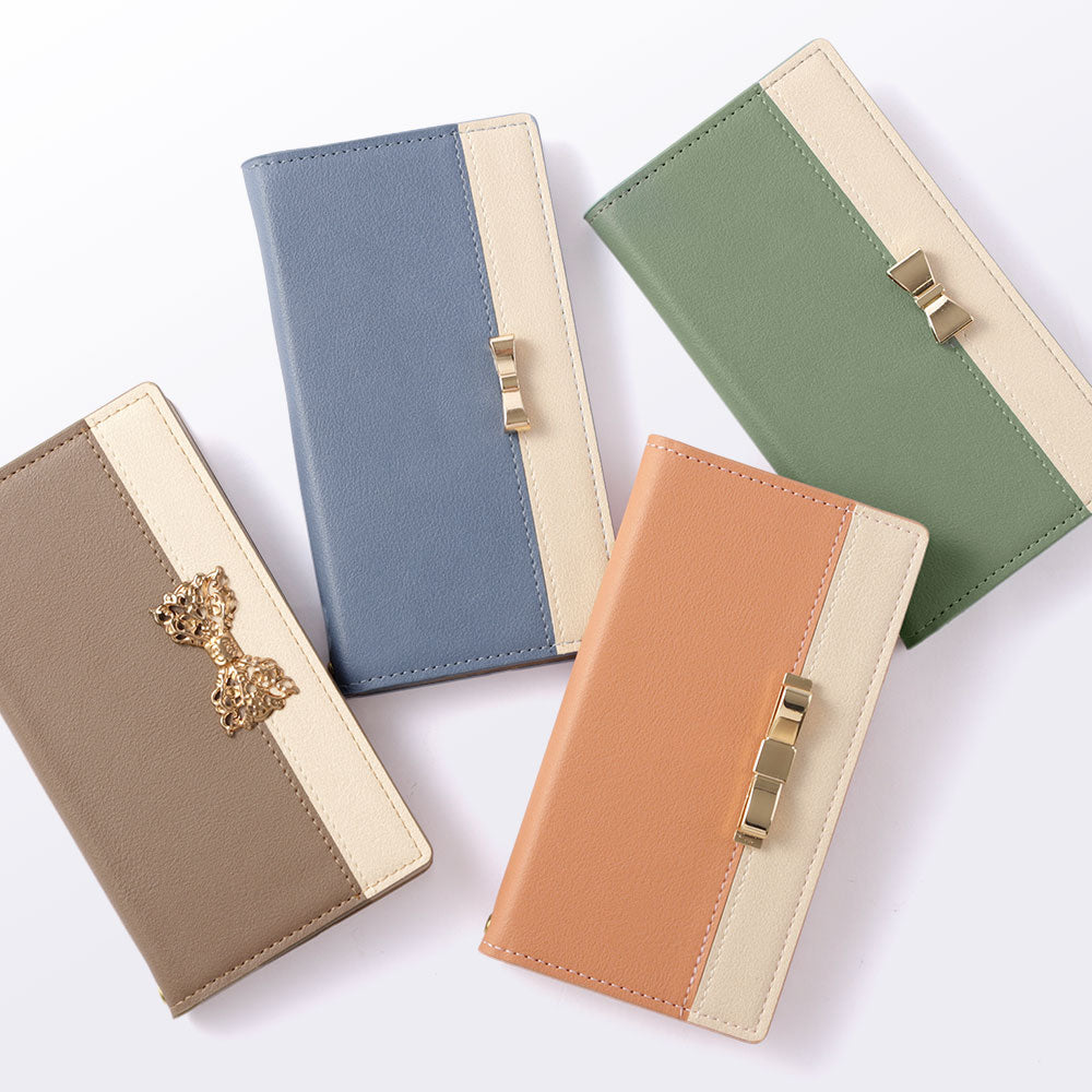 ヴィーガンレザー 表バイカラー ゴールドリボンデコ スタンド機能 手帳型ケース