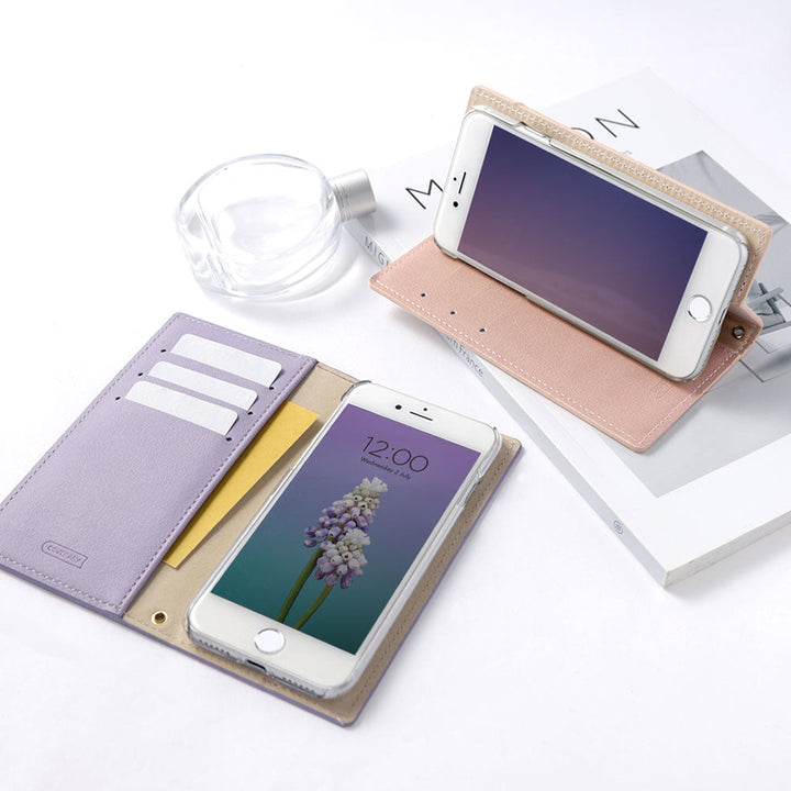 ヴィーガンレザー 表バイカラー ゴールドリボンデコ スタンド機能 手帳型ケース