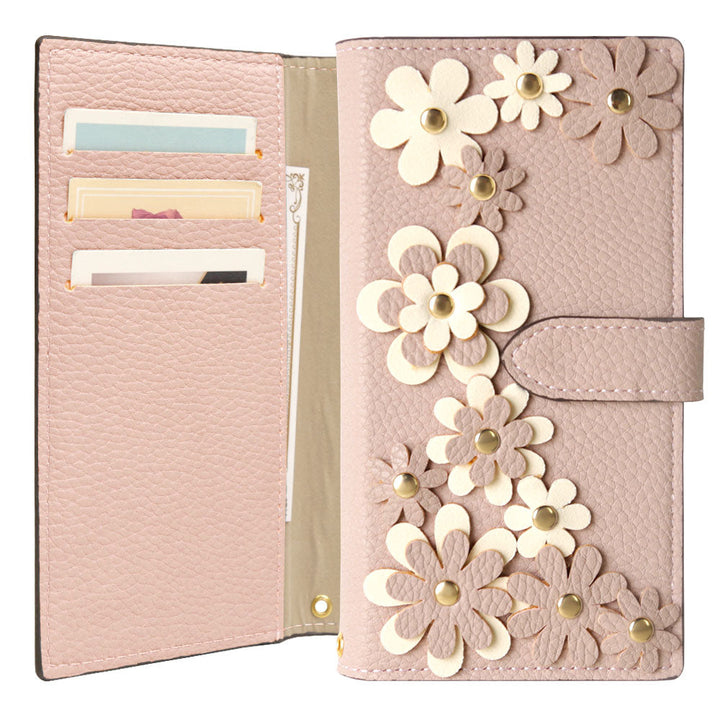 Vegan Leather Basic Flower Motif Wallet Case (with Belt) for iPhone Series