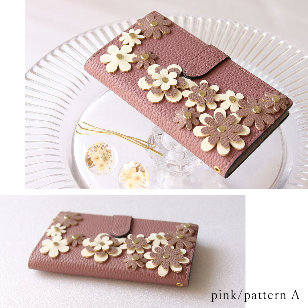 Vegan Leather Basic Flower Motif Wallet Case (with Belt) for iPhone Series