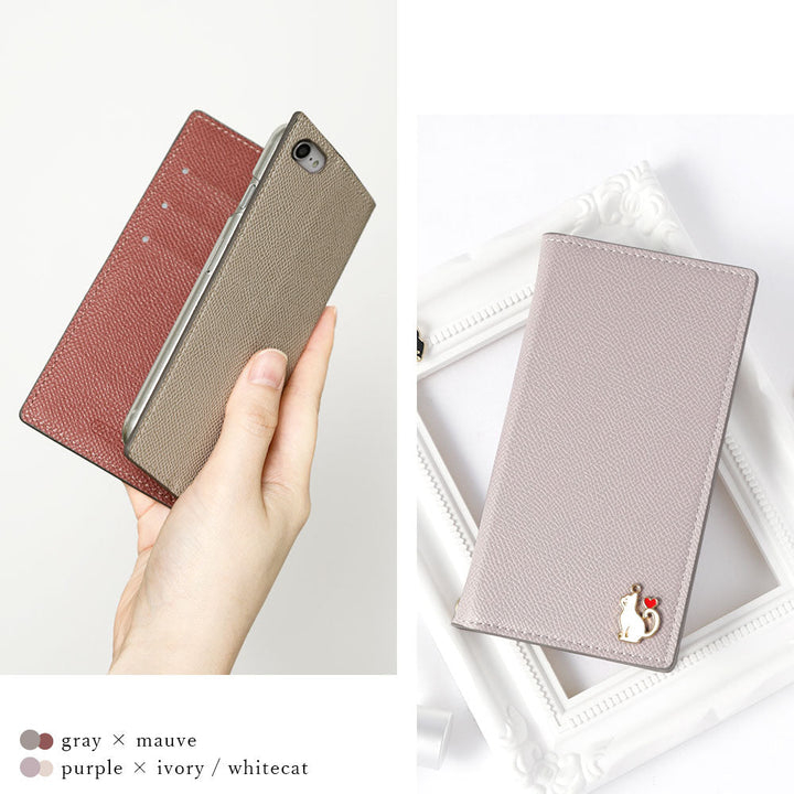 Étui portefeuille à deux tons en cuir végan avec fonction support et décoration cœur chat pour la série Xperia