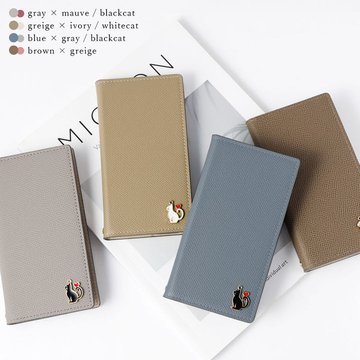 ヴィーガンレザー バイカラー スタンド機能 ハートキャットデコ 手帳型ケース
