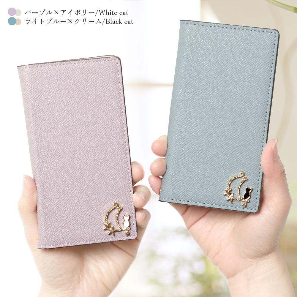 Vegan leather bicolor stand function Moon Cat Deco folio case for iPhone series
