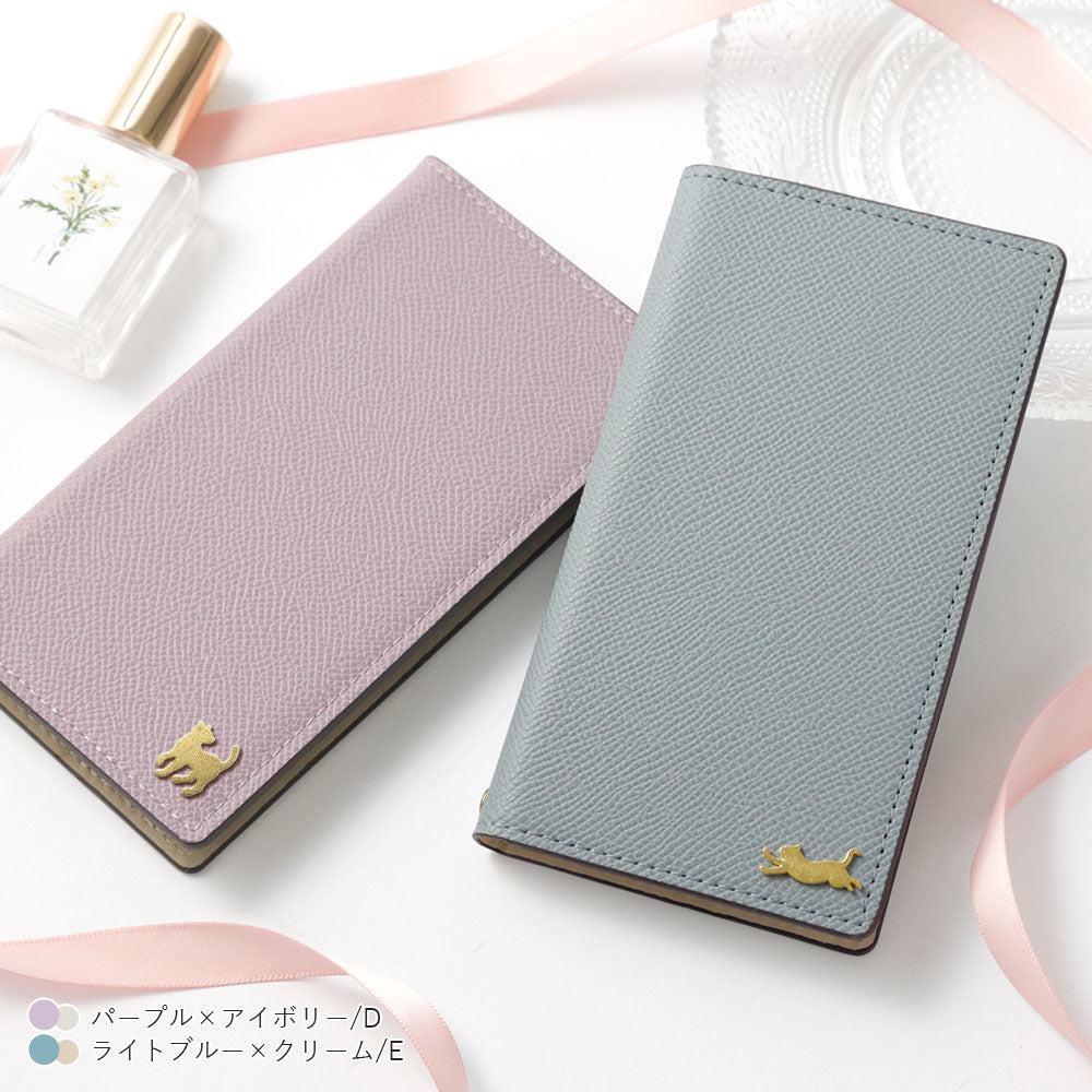 Étui portefeuille à deux tons en cuir végan avec fonction support et décoration chat doré pour la série iPhone