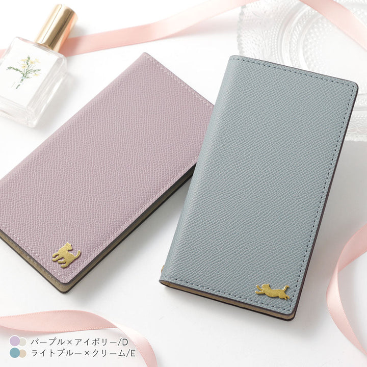 Étui portefeuille à deux tons en cuir végan avec fonction support et décoration chat doré pour la série iPhone