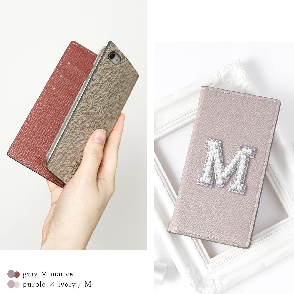 ヴィーガンレザー バイカラー スタンド機能 イニシャルデコ 手帳型ケース