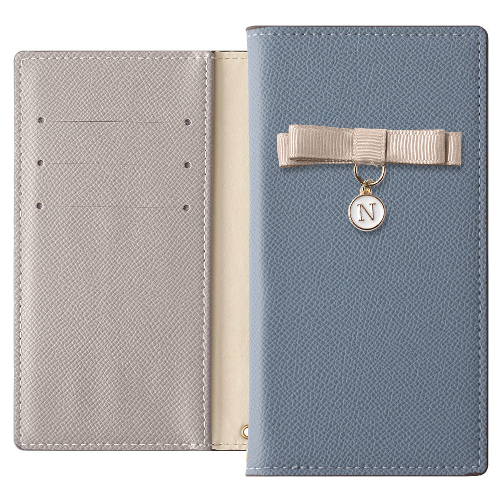 ヴィーガンレザー バイカラー スタンド機能 リボンイニシャル 手帳型ケース