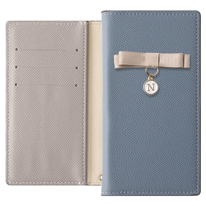 ヴィーガンレザー バイカラー スタンド機能 リボンイニシャル 手帳型ケース