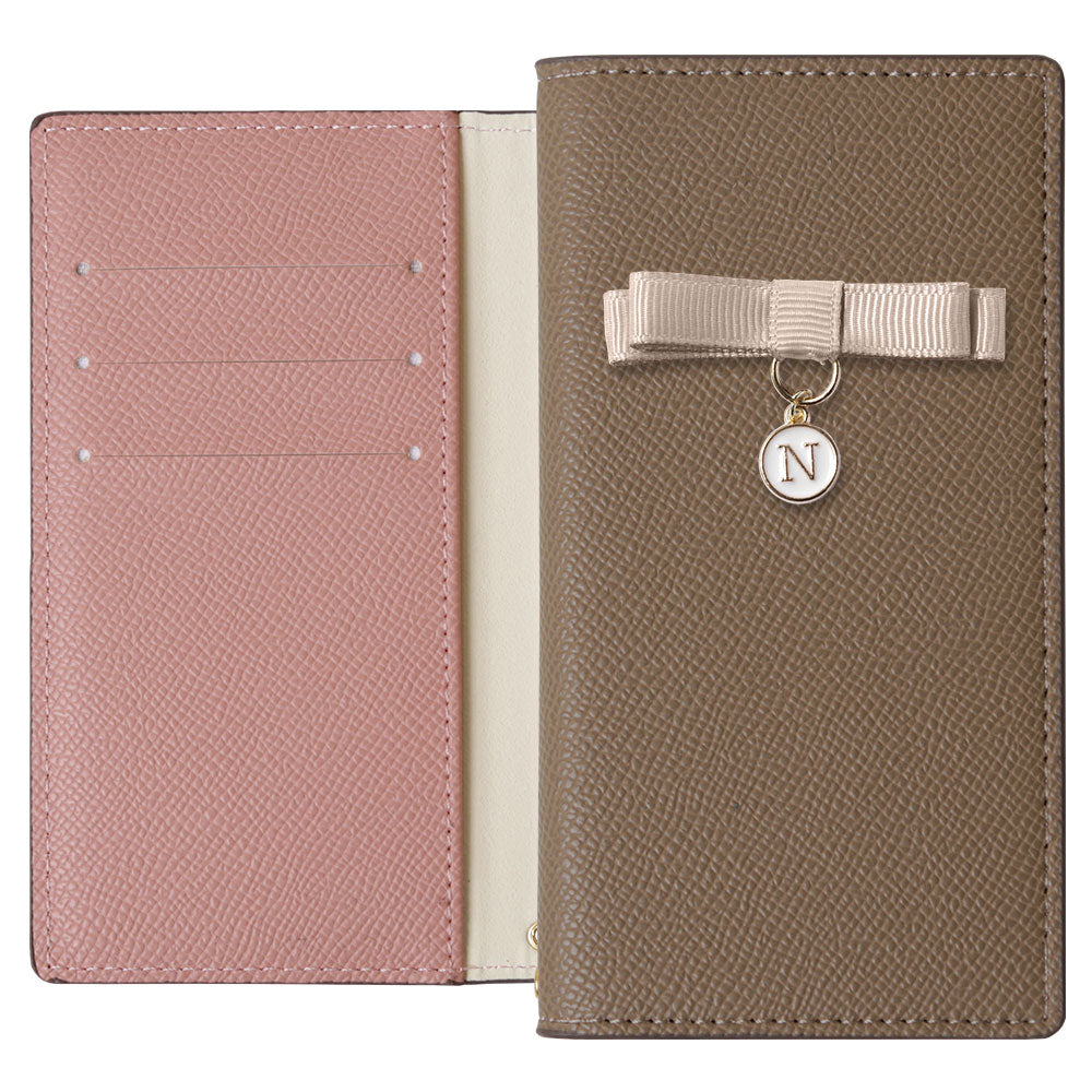 ヴィーガンレザー バイカラー スタンド機能 リボンイニシャル 手帳型ケース