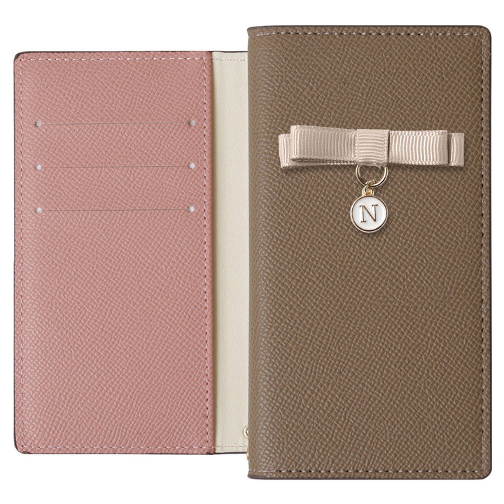 ヴィーガンレザー バイカラー スタンド機能 リボンイニシャル 手帳型ケース