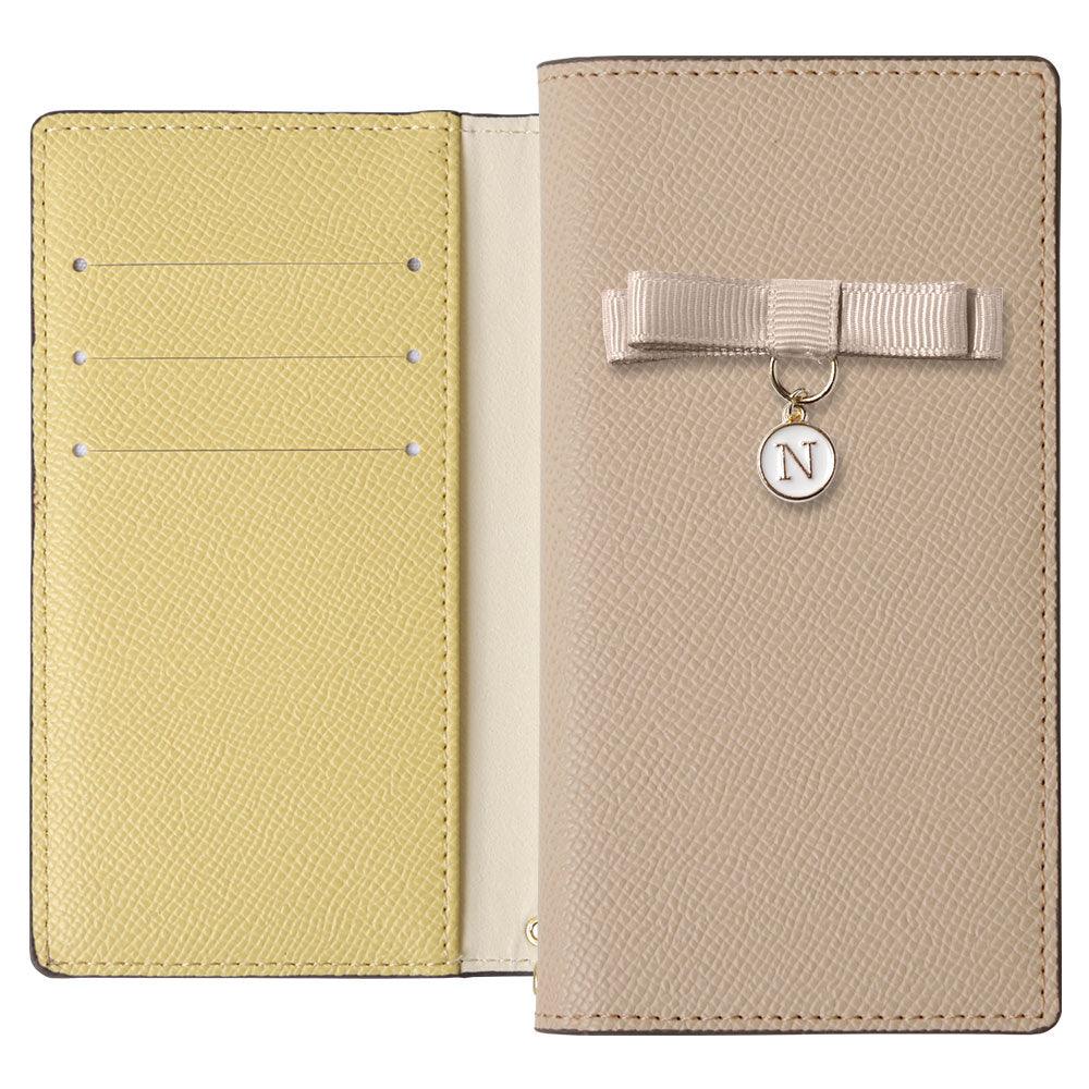 ヴィーガンレザー バイカラー スタンド機能 リボンイニシャル 手帳型ケース