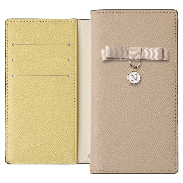 ヴィーガンレザー バイカラー スタンド機能 リボンイニシャル 手帳型ケース