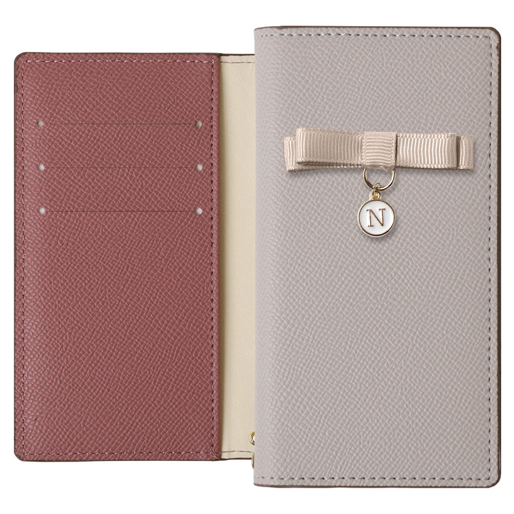 ヴィーガンレザー バイカラー スタンド機能 リボンイニシャル 手帳型ケース