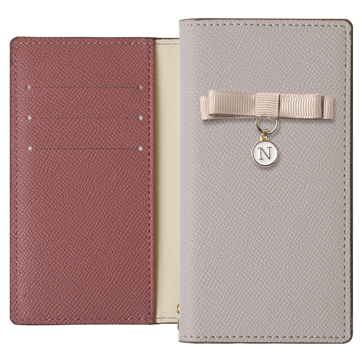 ヴィーガンレザー バイカラー スタンド機能 リボンイニシャル 手帳型ケース