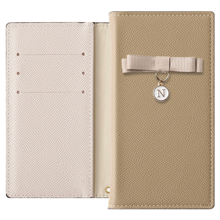 ヴィーガンレザー バイカラー スタンド機能 リボンイニシャル 手帳型ケース