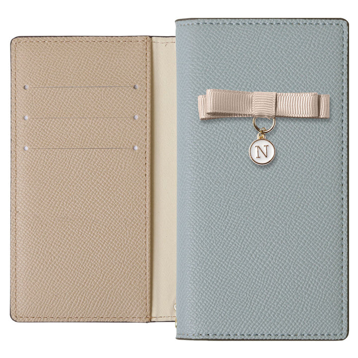 ヴィーガンレザー バイカラー スタンド機能 リボンイニシャル 手帳型ケース