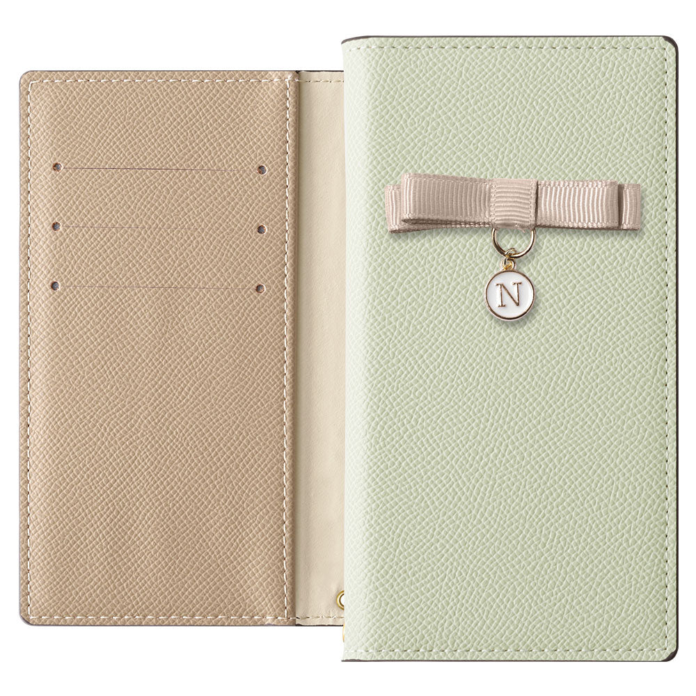 ヴィーガンレザー バイカラー スタンド機能 リボンイニシャル 手帳型ケース