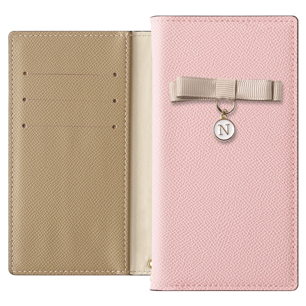 ヴィーガンレザー バイカラー スタンド機能 リボンイニシャル 手帳型ケース