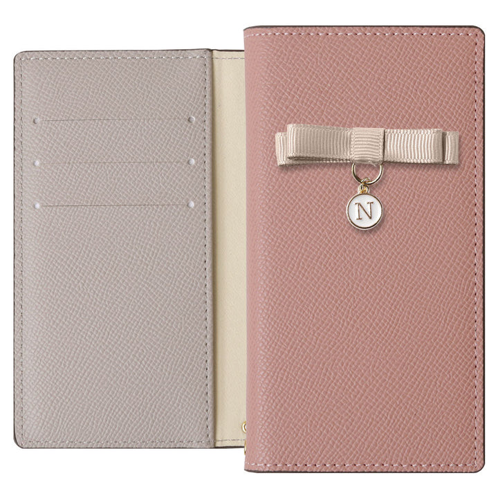 ヴィーガンレザー バイカラー スタンド機能 リボンイニシャル 手帳型ケース