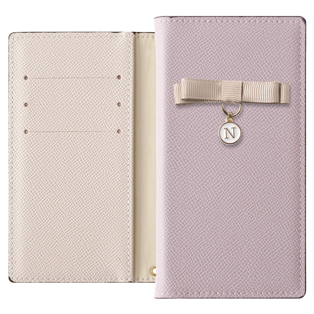 ヴィーガンレザー バイカラー スタンド機能 リボンイニシャル 手帳型ケース