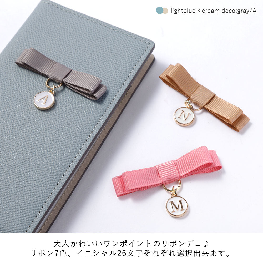 ヴィーガンレザー バイカラー スタンド機能 リボンイニシャル 手帳型ケース