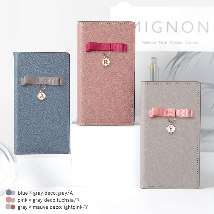 ヴィーガンレザー バイカラー スタンド機能 リボンイニシャル 手帳型ケース