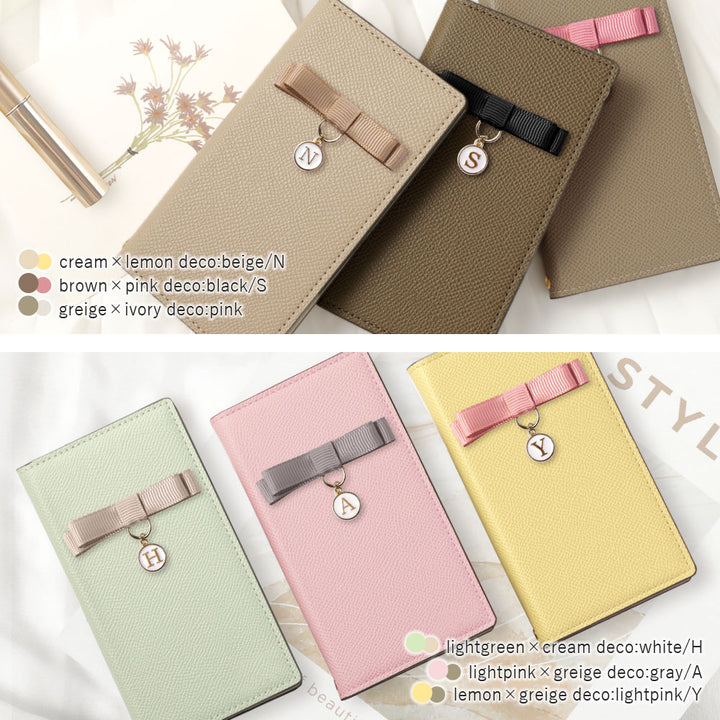 ヴィーガンレザー バイカラー スタンド機能 リボンイニシャル 手帳型ケース