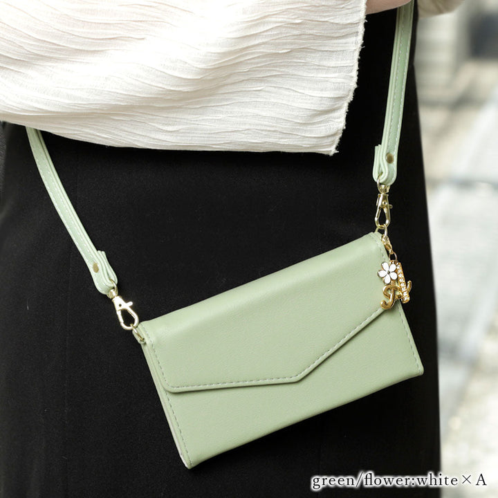 Vegan leather tri-fold muted pastel flower initial charm strap attached notebook-style case AQUOS series