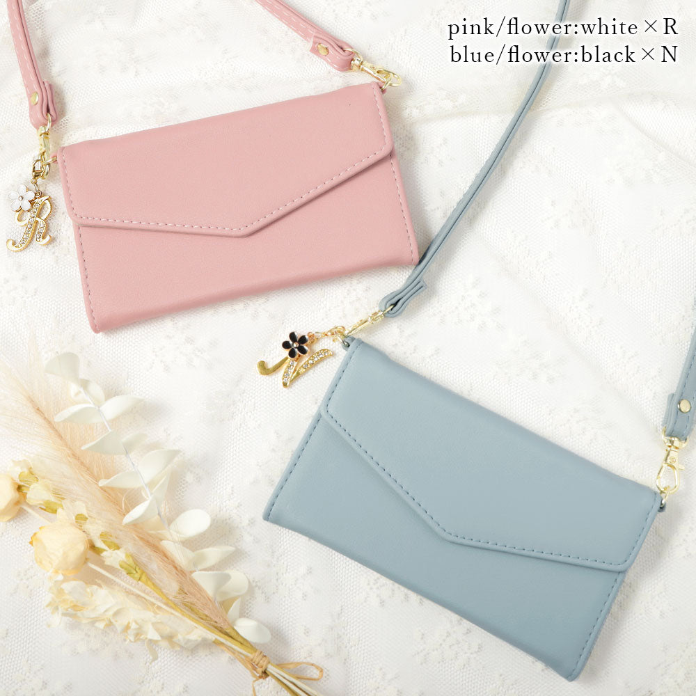 Vegan leather tri-fold muted pastel flower initial charm strap attached notebook-style case AQUOS series