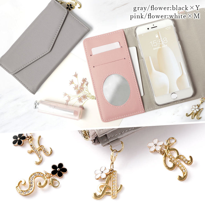 Vegan leather tri-fold muted pastel flower initial charm strap attached notebook-style case AQUOS series