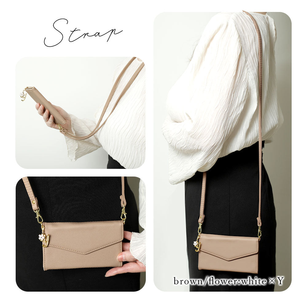 Vegan leather tri-fold muted pastel flower initial charm strap attached notebook-style case AQUOS series