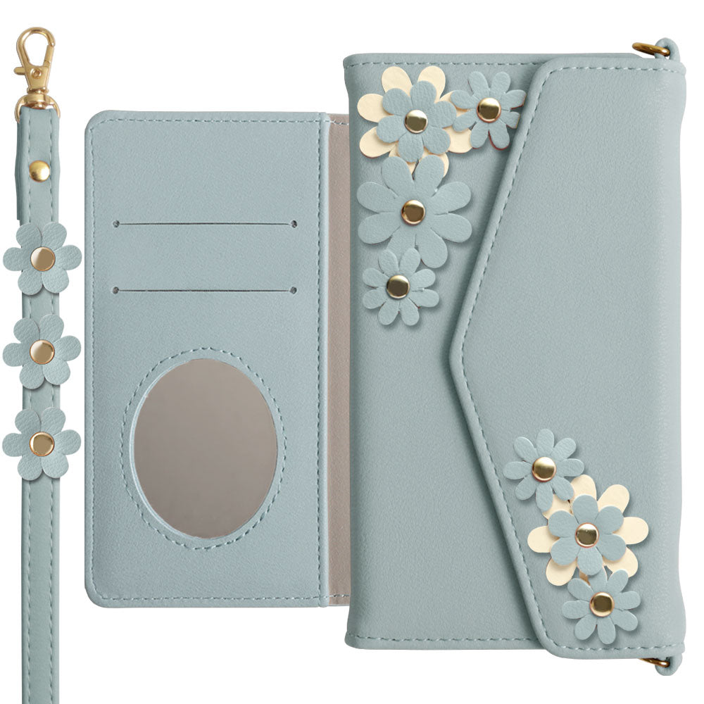 Étui portefeuille à rabat triple en cuir végan, pastel terne, motif floral avec sangle, série Galaxy