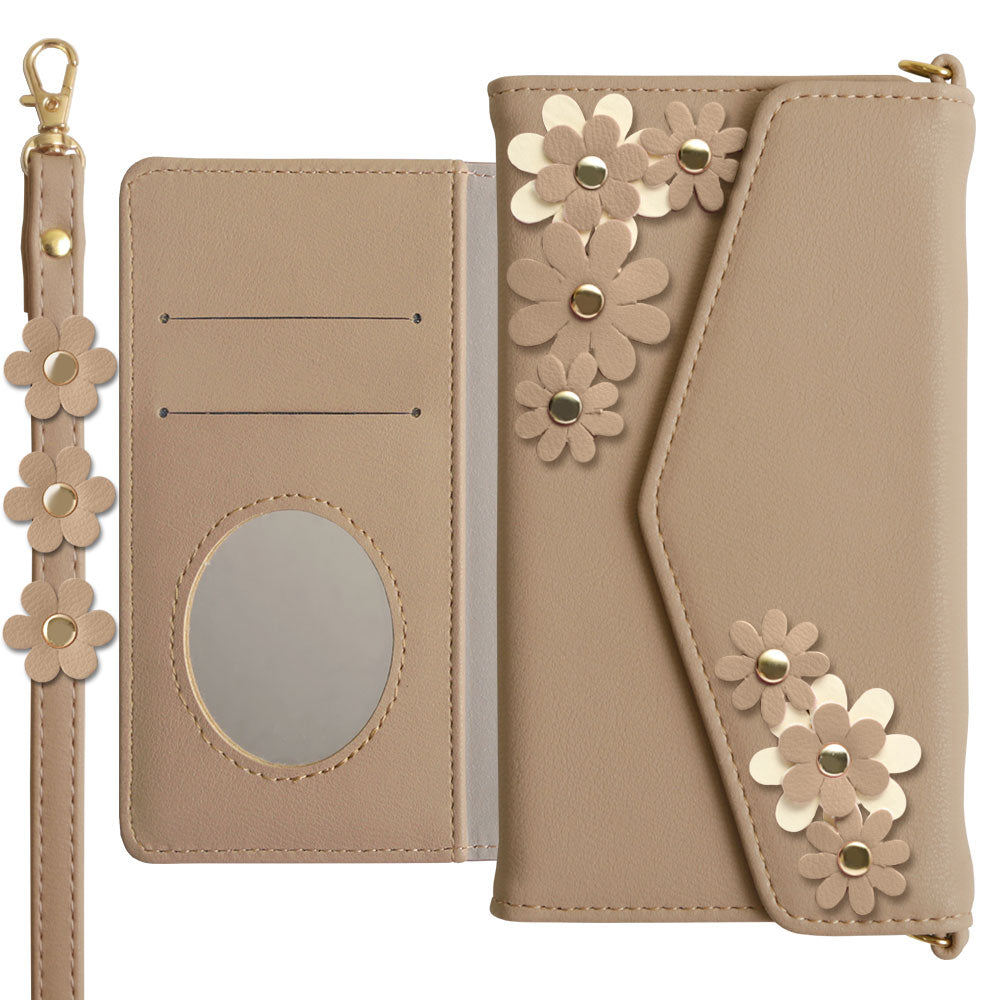Vegan leather tri-fold muted pastel flower motif strap-attached notebook-style case for AQUOS series