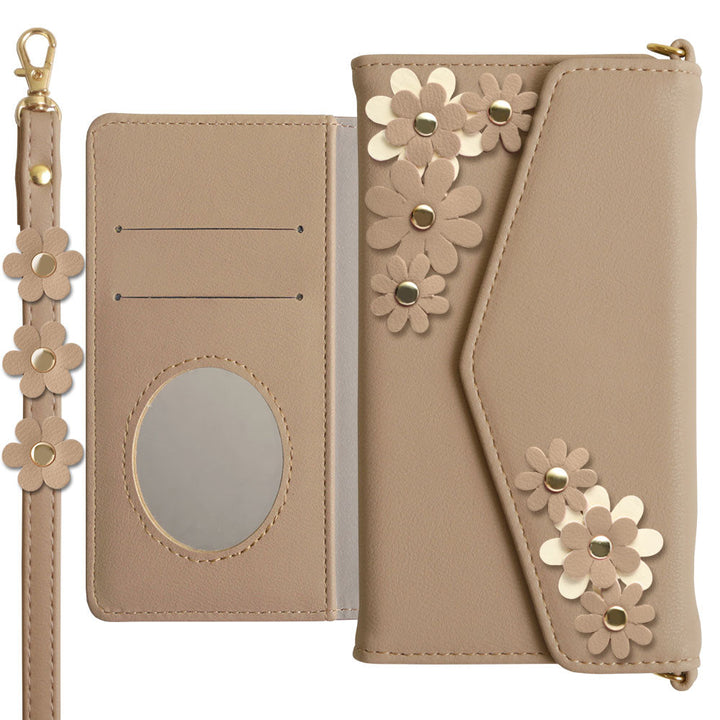 Vegan leather tri-fold muted pastel flower motif strap-attached notebook-style case for AQUOS series