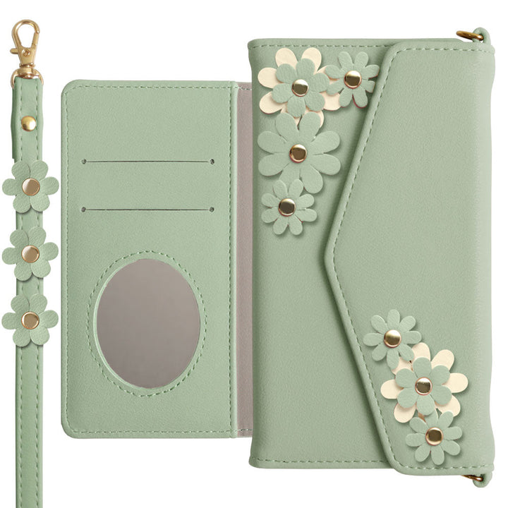 Vegan leather tri-fold muted pastel flower motif strap-attached notebook-style case for AQUOS series