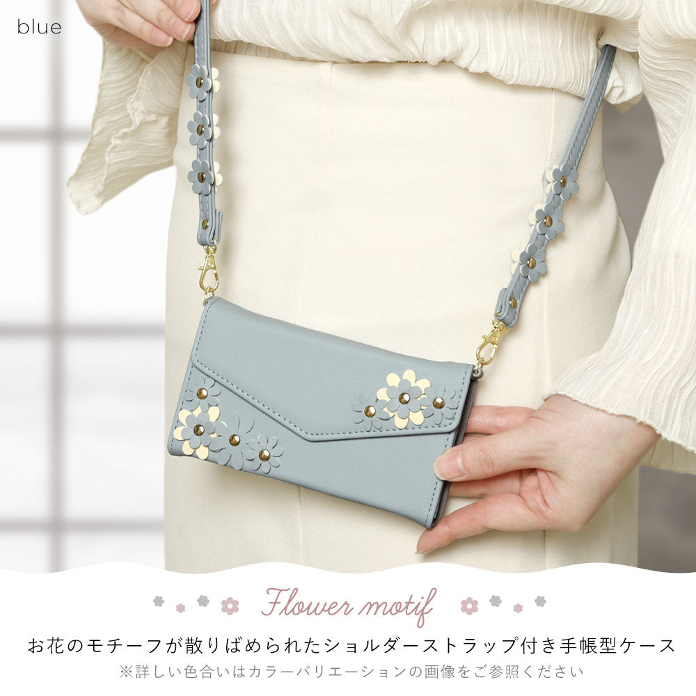 Vegan leather tri-fold muted pastel flower motif strap-attached notebook-style case for AQUOS series