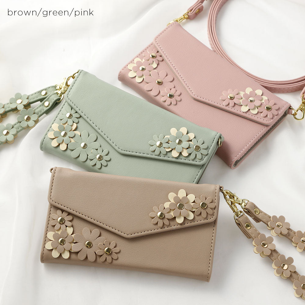 Vegan leather tri-fold muted pastel flower motif strap-attached notebook-style case for AQUOS series