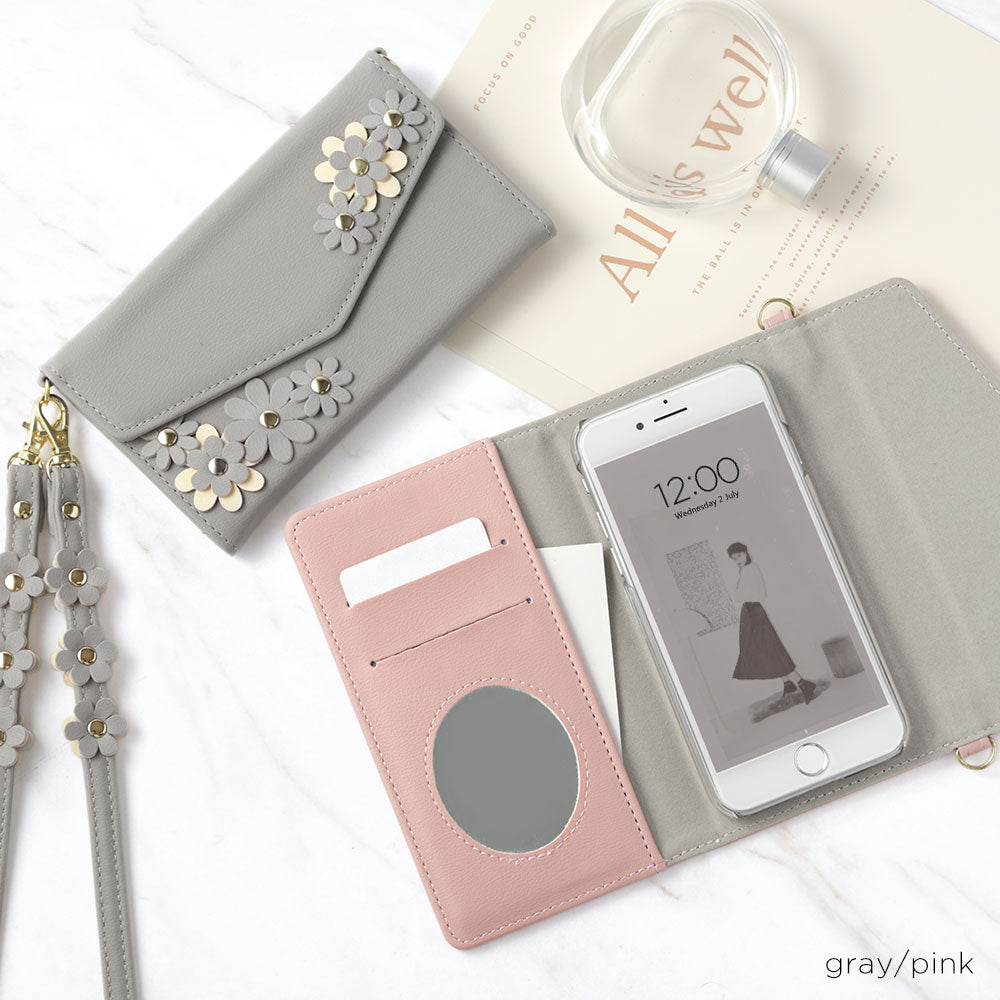 Vegan leather tri-fold muted pastel flower motif strap-attached notebook-style case for AQUOS series