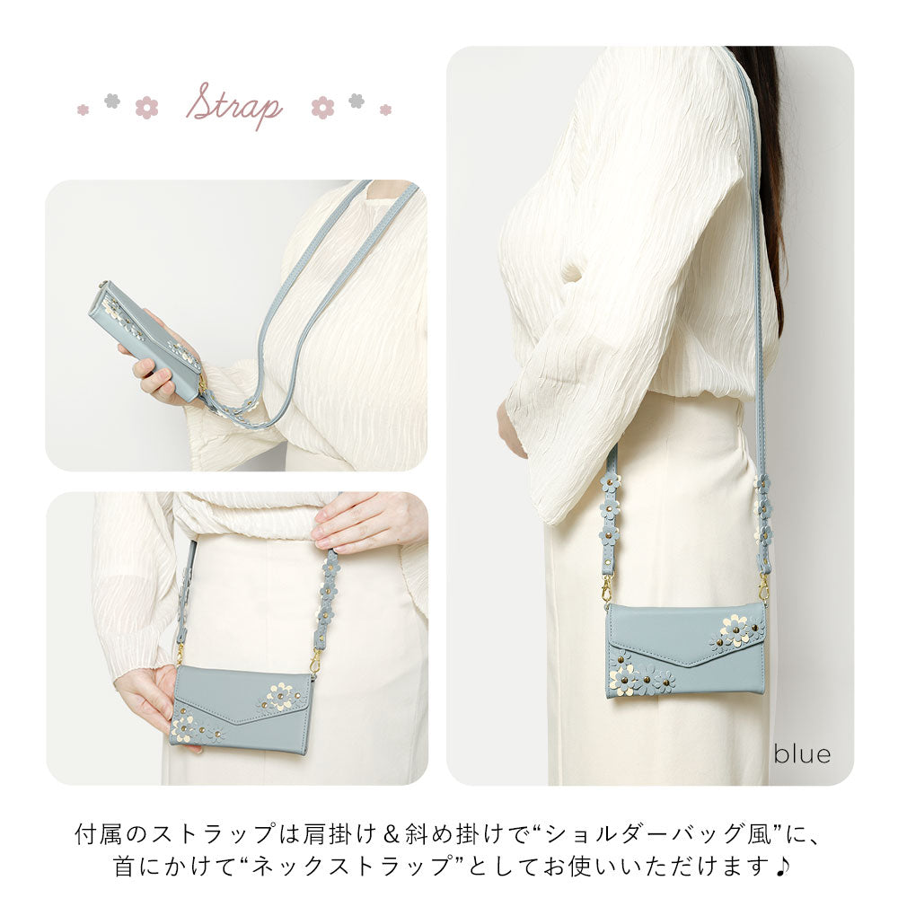 Vegan leather tri-fold muted pastel flower motif strap-attached notebook-style case for AQUOS series