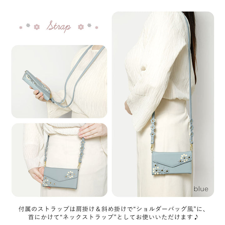 Vegan leather tri-fold muted pastel flower motif strap-attached notebook-style case for AQUOS series