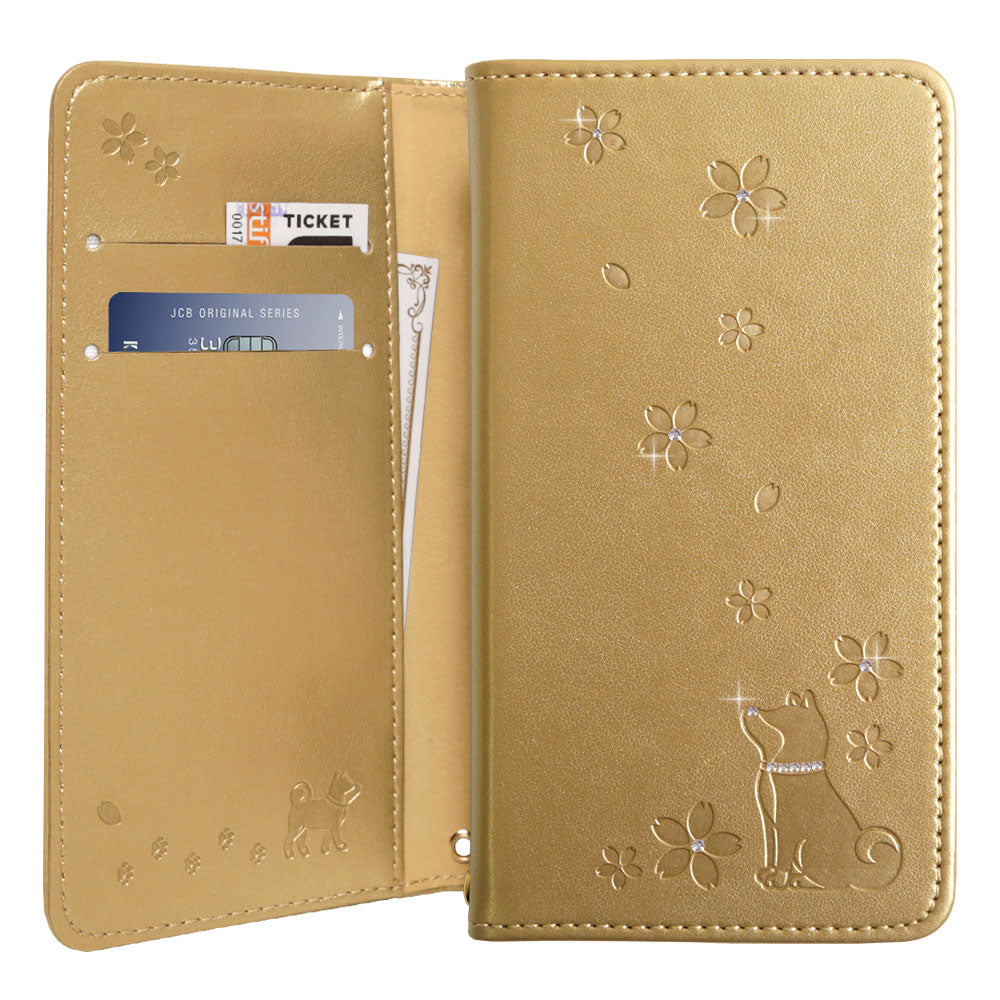 Étui portefeuille en cuir végan embossé motif chien avec décoration en pierre pour la série Xperia