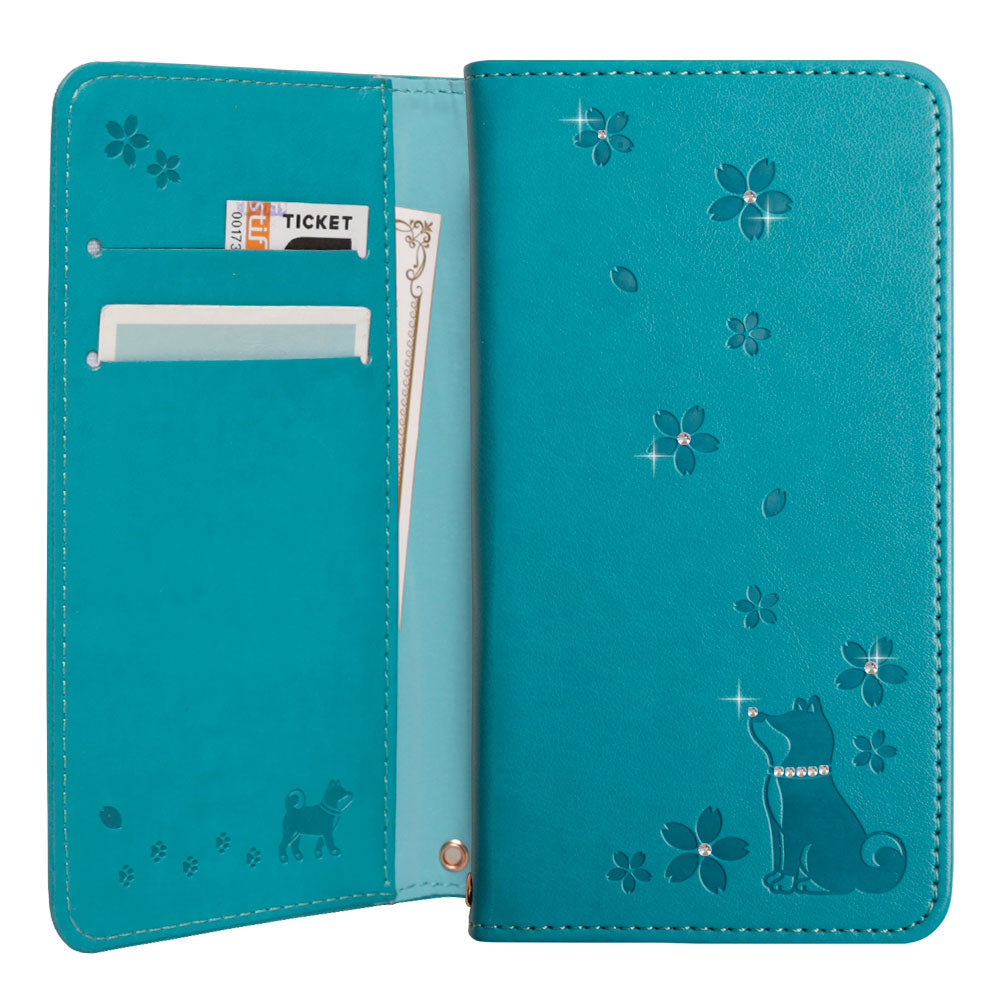 Étui portefeuille en cuir végan embossé motif chien avec décoration en pierre pour la série Xperia