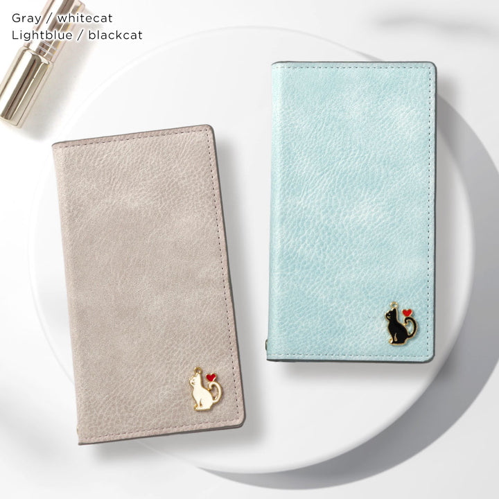 Vegan leather smoky color stand function heart cat deco notebook-style case