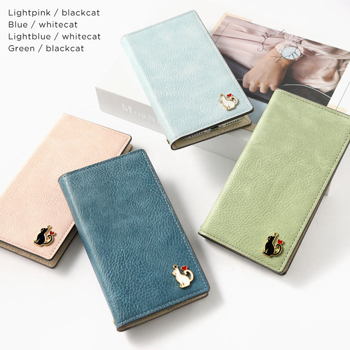 Vegan leather smoky color stand function heart cat deco notebook-style case