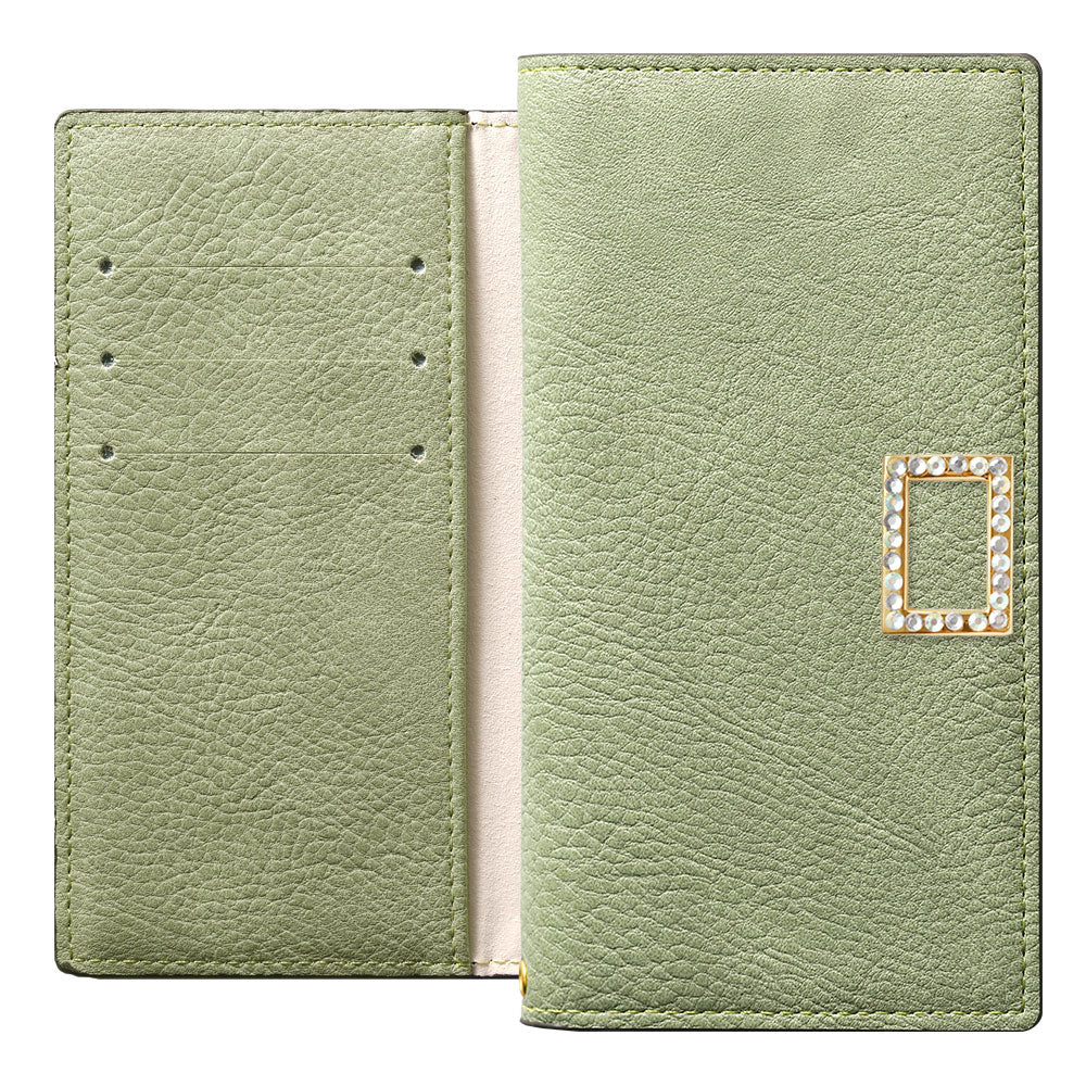 Étui portefeuille en cuir végan couleur fumée avec fonction support et décoration carrée en pierre